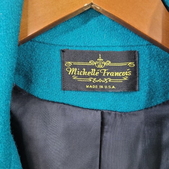 Vintage Long Coat size 6/8 Wool Trench Coat Winter duster Teal Double Breasted - Picture 9 of 10